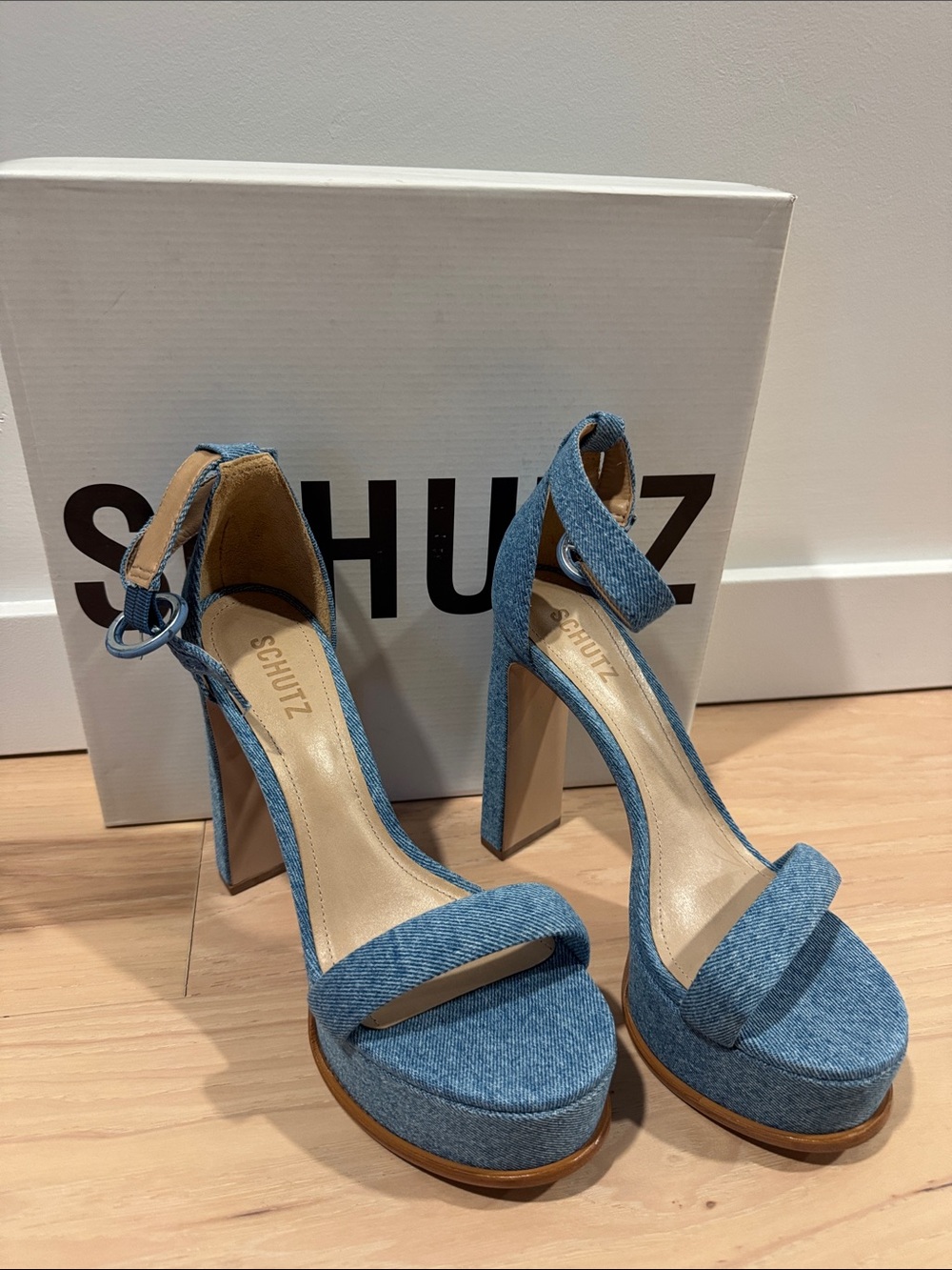 SCHUTZ Denim Blue Platform Ankle-Strap Heels